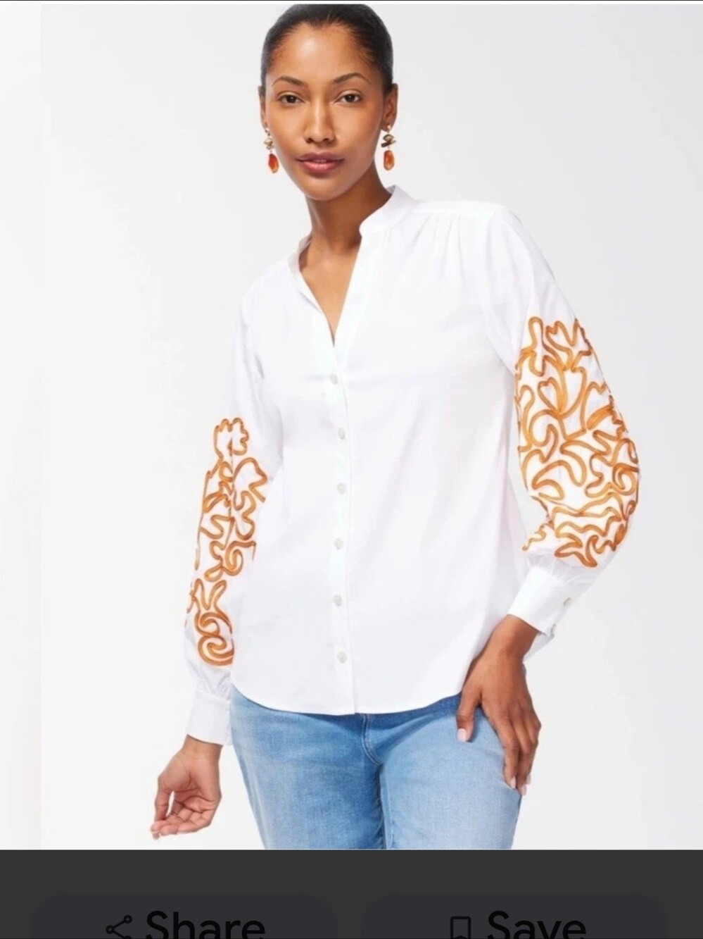 Chico's White Button-Down Shirt with Caramel Embroidered Sleeves Size 10